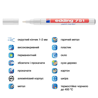 Маркер Edding Paint 1-2 мм круглый белый (e-751/49) Винница - изображение 4