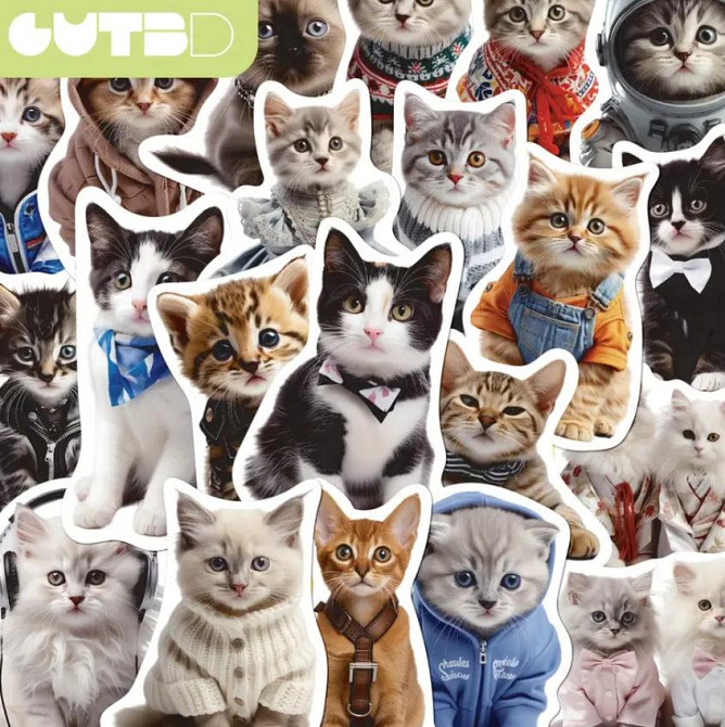 Наклейки Стікери Коти - Водонепроникні Вінілові Естетичні Наклейки з Котами для Пляшки Води, Комп'ют Київ - фото 1