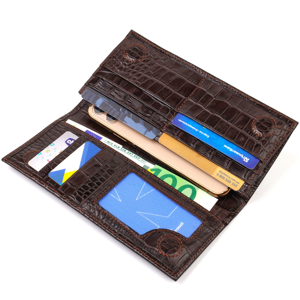 Стильний чоловічий вертикальний гаманець із натуральної шкіри із тисненням під крокодила Коричневий (CANPELLINI) Київ - фото 1