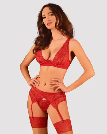Комплект білизни Obsessive Lacelove cupless 3-pcs set M/L Red, бюстгальтер, стрінги, пояс для панчіх Львів
