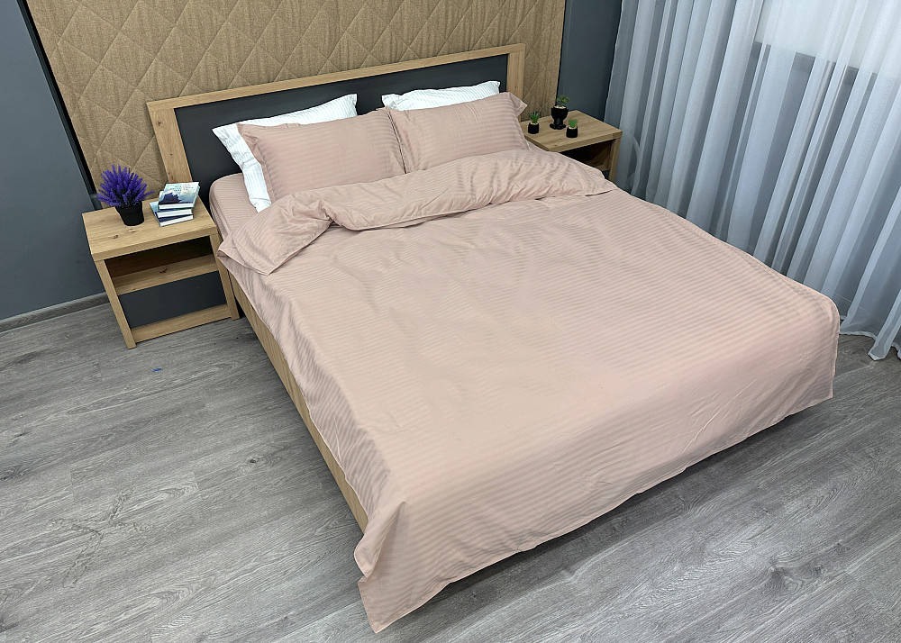 Комплект постельного белья Страйп-сатин Двуспальный 180х220 с простыней на резинке Таш (88-110) Киев - изображение 3