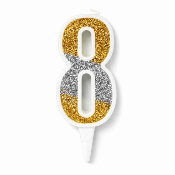 Свічка цифра 8 для торта золото-срібло блиск, святкова свічка на день народження Київ