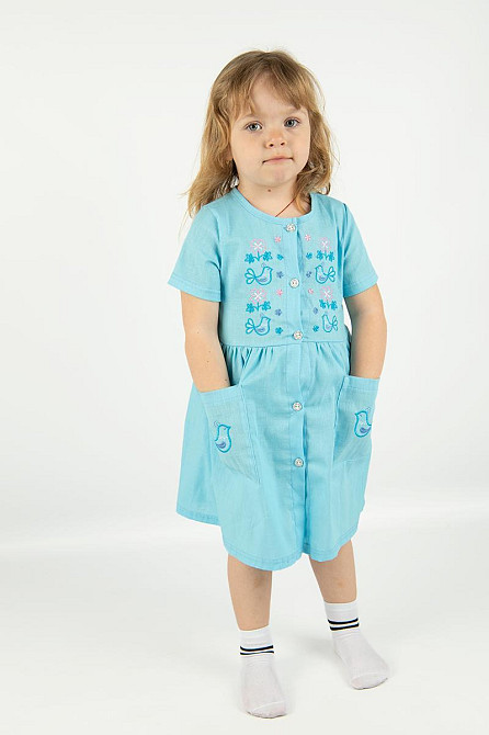 Платье для девочек, летнее льняное с вышивкой, голубое топ Киев - изображение 2