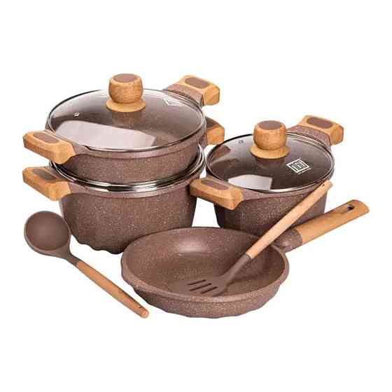 MGC Набір посуду, 3 каструлі, товстодонне алюмінієве дно MGC з лопаткою та ополоником, кавовий Київ