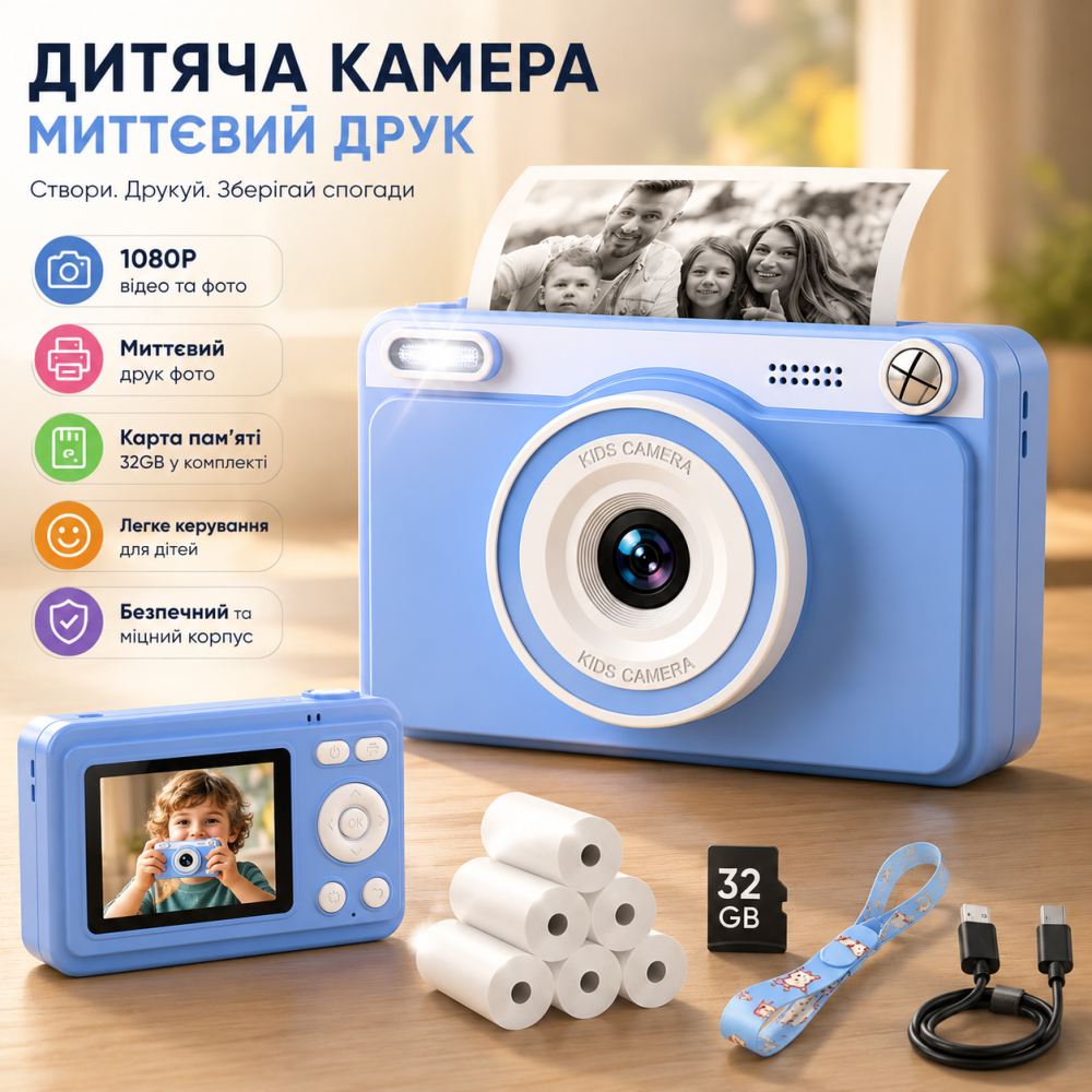Дитячий цифровий фотоапарат миттєвого друку GREENKINDER H10 FullHD 1080P з картою 32 ГБ та 5 рулонами паперу Київ - фото 1