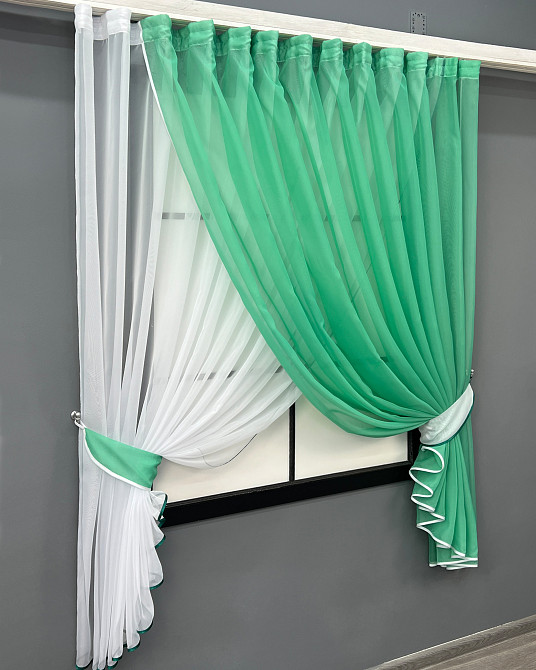Кухонні шторки VR-Textil № 060к "Дует" з підв'язками м'ятний з білим 330х170 см (50-954) Київ - фото 8
