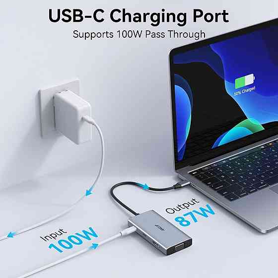 Хаб 8-в-1, багатопортовий концентратор USB-C адаптер з HDMI 4K, VGA 1080p, PD 100W, 2×USB-A, кардрідерами SD/TF, док-станція Київ