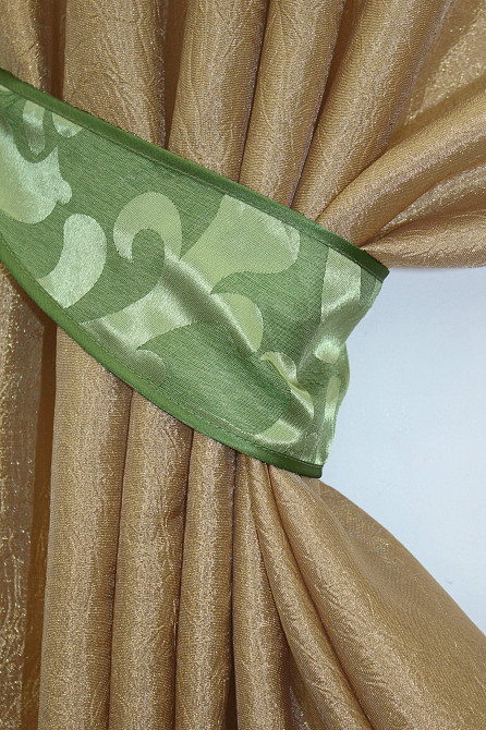 Кухонные шторы VR-Textil № 073к с ламбрекеном и подхватами золотистый с салатовым 275х170 см (52-0050) Киев - изображение 4