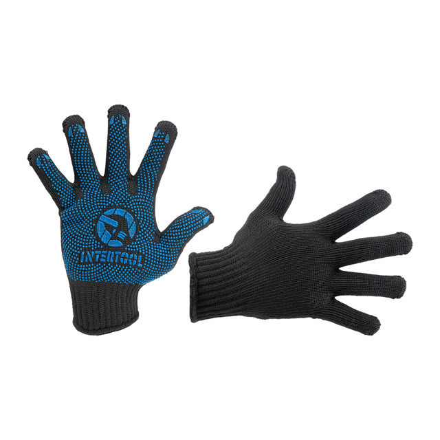 Рукавичка трикотажна з платіровкою, жовті ПВХ крапки, 60% бавовна / 40% поліестер, 10", клас в’язки 7, чорна, 90 г INTERTOOL Київ - фото 1