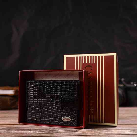 Лаковане компактне портмоне для чоловіків із натуральної фактурної шкіри Чорне (CANPELLINI) Київ