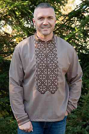 Вышиванка льняная мужская, длинный рукав, кофейная,( лен ) топ 64 Киев