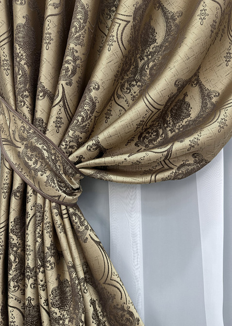 Комплект штор на люверсах VR-Textil Парча № 1775ш Бежевый с венге 155х270 см 2 шт (37-0259) Киев - изображение 5