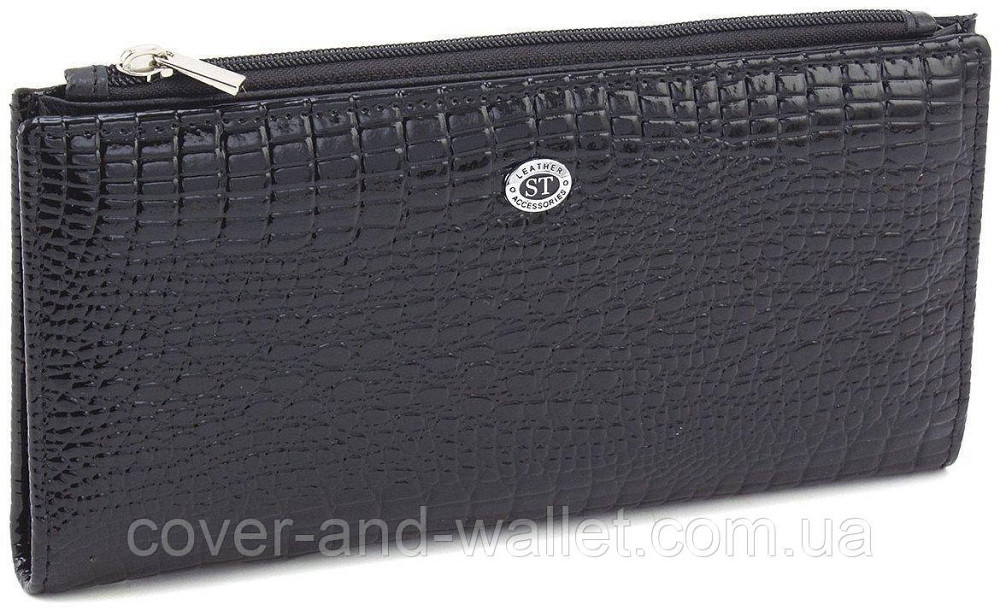 Тонкий женский кошелек для купюр и карточек черного цвета из лаковой кожи ST Leather 006 Киев - изображение 1