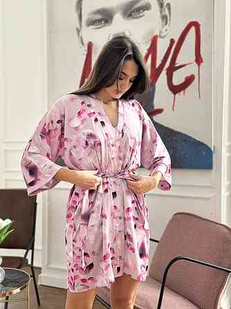 Халат жіночий шовковий під пояс Квітковий принт Рожевий XL\2XL Харків