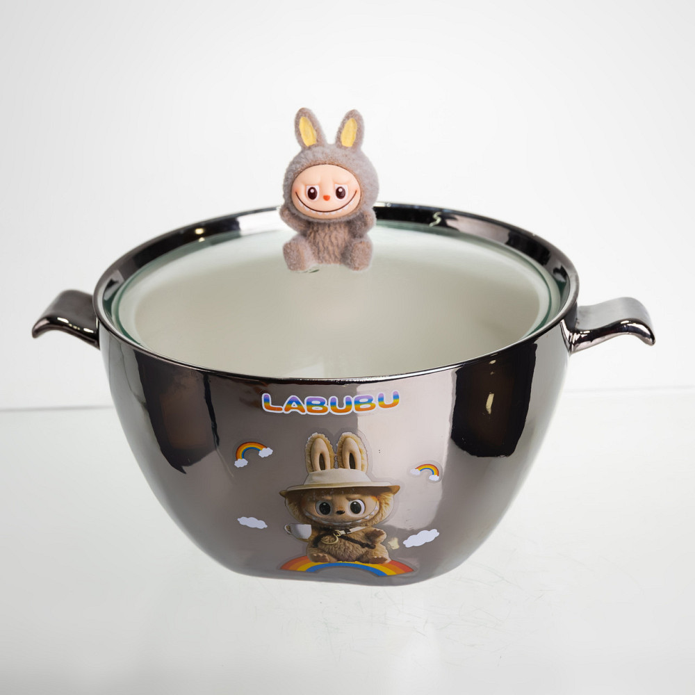 Бульйонниця порцелянова Labubu з кришкою та ручками 800 (мл) Ø15 (см) дитяча тарілка для супу та локшини Сріблястий з коричневим Київ - фото 1