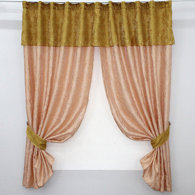 Кухонні штори VR-Textil № 073к з ламбрекеном і підхватами персиковий з золотистим 270х170 см (52-0179) Київ - фото 1