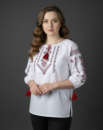 Вишиванка із домотканого полотна з геометричним орнаментом в традиційних кольорах Київ