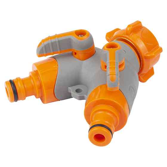 Кран розподільний з адаптерами 1⁄2" 2 виходи на кран 3⁄4" з латунованою різзю (ABS+TPR) FLORA (5016614) Київ