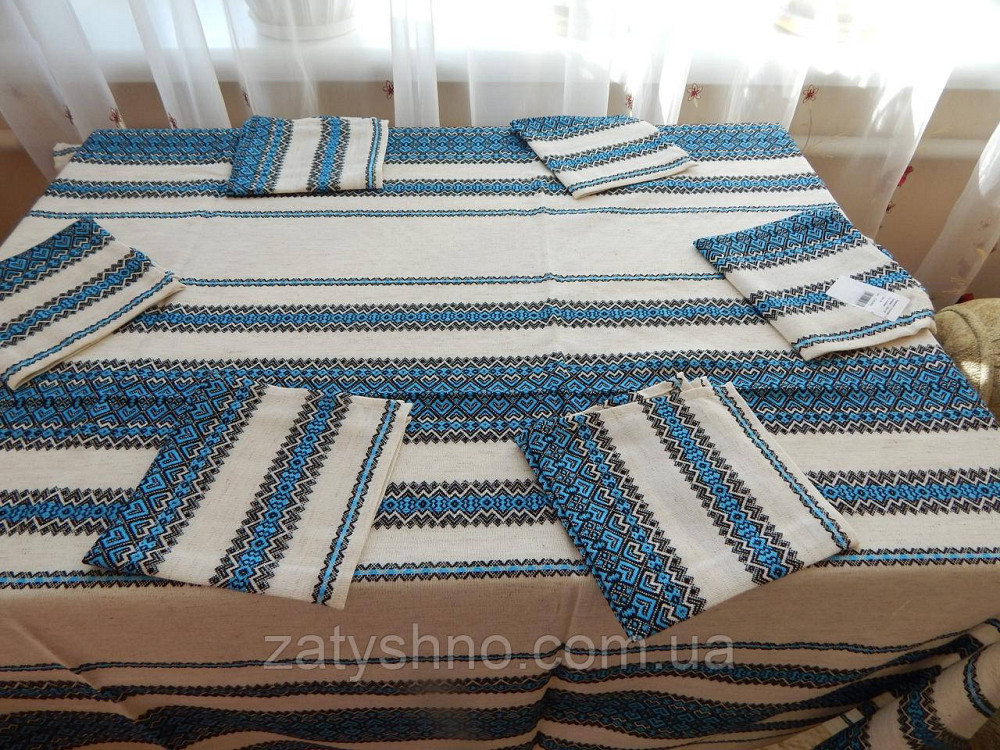 Вышитая синяя  скатерть и салфетки, машинная вышивка Киев - изображение 2