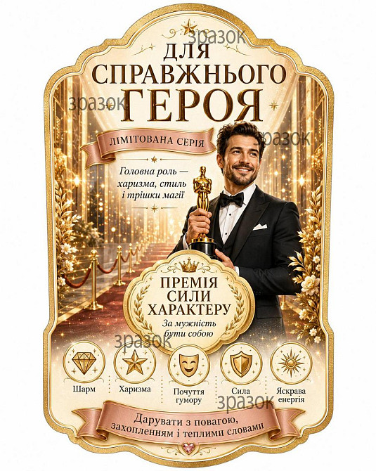 Етикетка на пляшку "Для справжнього героя" + контретикетка | Подарунок чоловікові | Святкова етикетка на алкоголь Одеса - фото 1