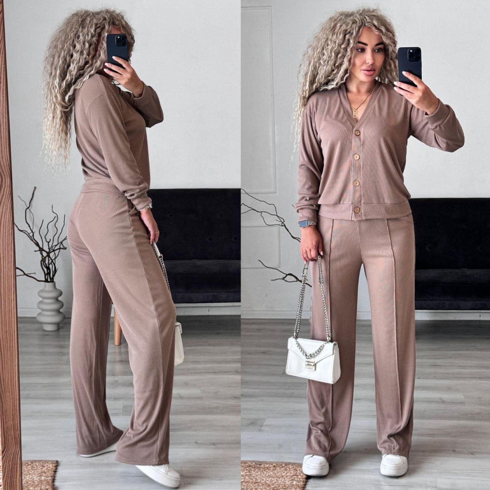 Женский стильный повседневный костюм двойка: кардиган на пуговицах + брюки трикотажный рубчик Бежевий, 52/54 Одесса - изображение 8