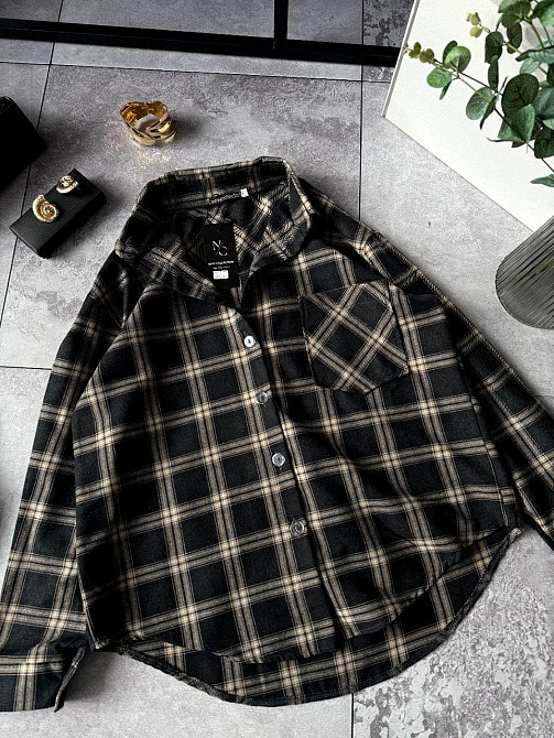 Женская повседневная оверсайз рубашка в клетку фланель 100% коттон Черный, 42/46 Одесса - изображение 1