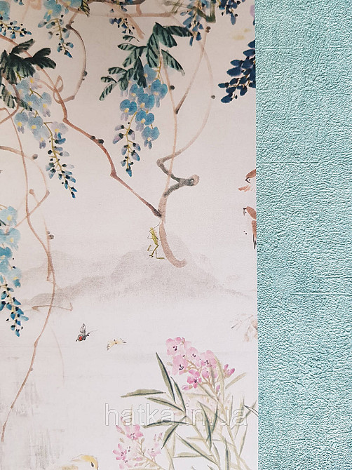 Шпалери вінілові Grandeco One roll one motif 1.59x2.8 панно птиці гілки квіти блакитні рожеві Київ - фото 2
