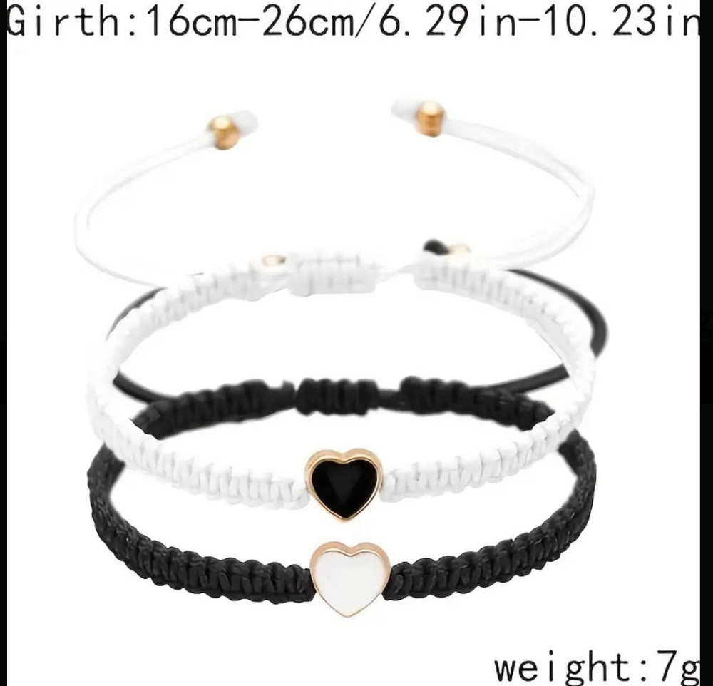 Набор плетёных браслетов с сердцем чёрно-белый, регулируемый Киев - изображение 2