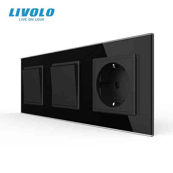 LIVOLO Чотирьохклавішний вимикач (2-2) з розеткою Livolo чорний скло (VL-C7K2/K2/FCTC16A-6BP) Коломия