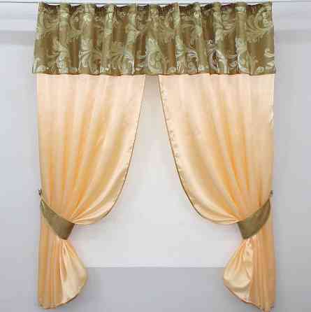 Кухонные шторы VR-Textil № 073к с ламбрекеном и подхватами персиковый с золотистым 270х170 см (52-0194) Киев