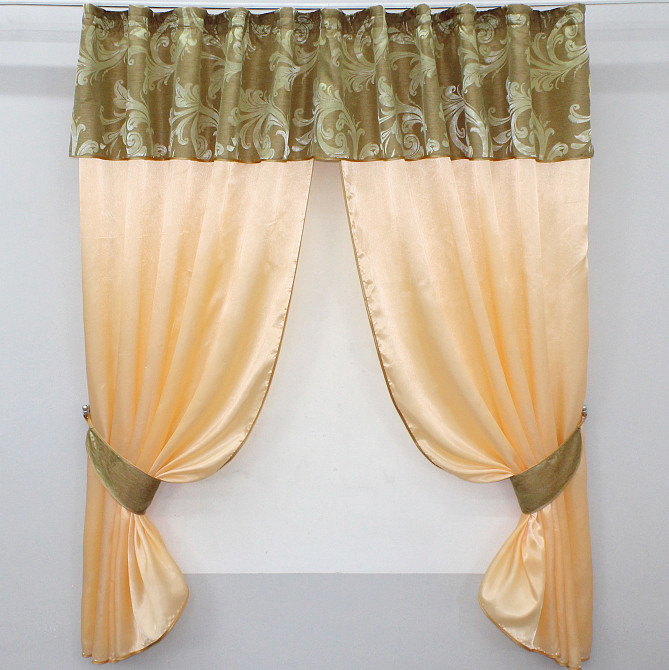 Кухонные шторы VR-Textil № 073к с ламбрекеном и подхватами персиковый с золотистым 270х170 см (52-0194) Киев - изображение 1