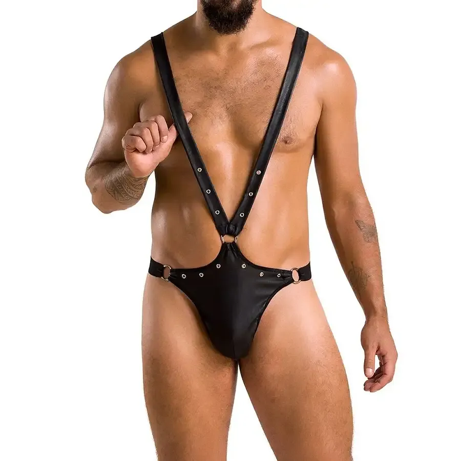 Чоловіче боді з люверсами Passion 028 HARRY S/M Black, екошкіра, на шлейках Львів - фото 1