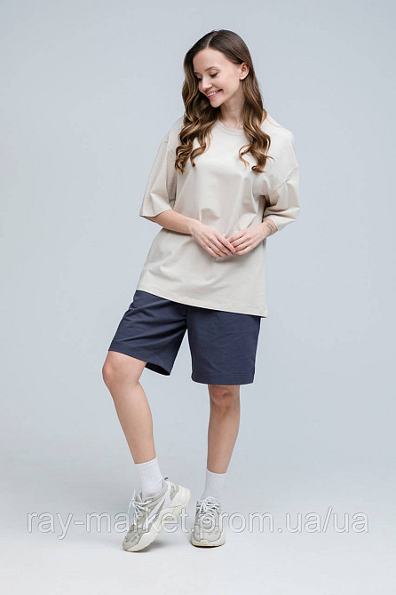 Костюм футболка оверсайз бежева та шорти темно-сірі RAY BASIC жіночий (U1801W-Cream-Grey) Київ - фото 3