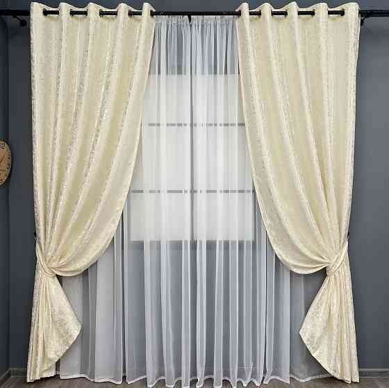 Комплект штор на люверсах VR-Textil Льон мармур Pavliani ХО № 1908ш Молочний 150х250 см 2 шт (37-0319) Київ