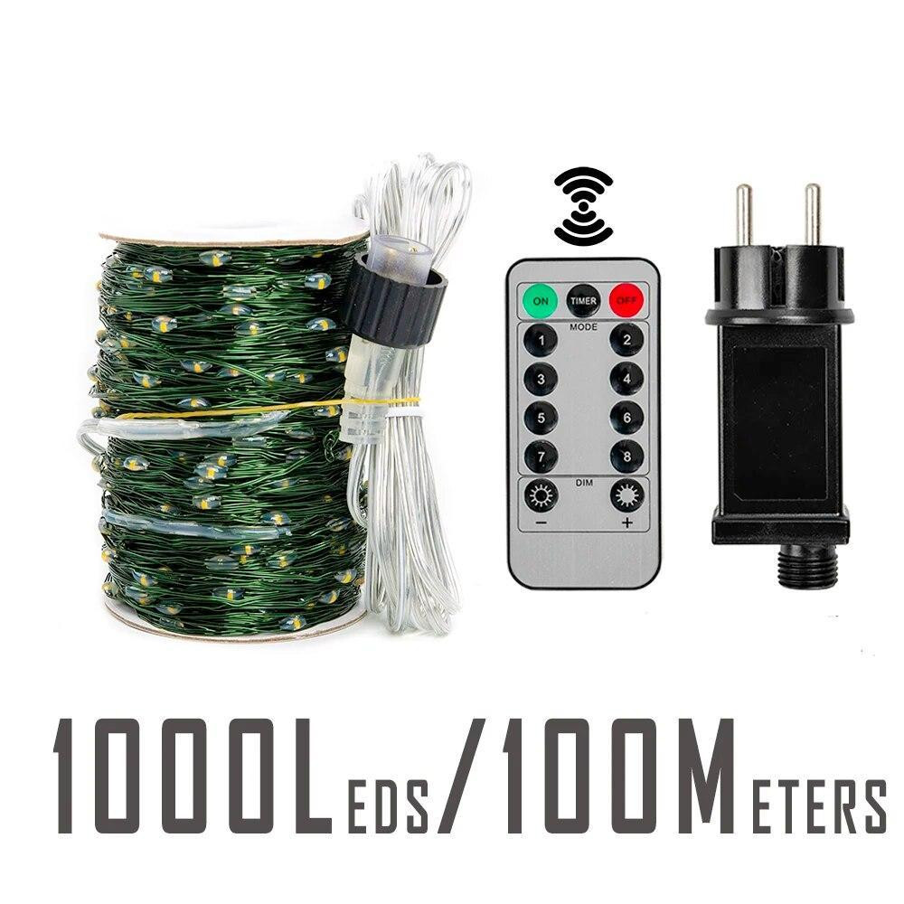 Гірлянда роса на зеленому проводі 100 метрів 1000 лед Niki Light капля роси з режимами вулична гірлянда на пульті Мультиколор Київ - фото 3