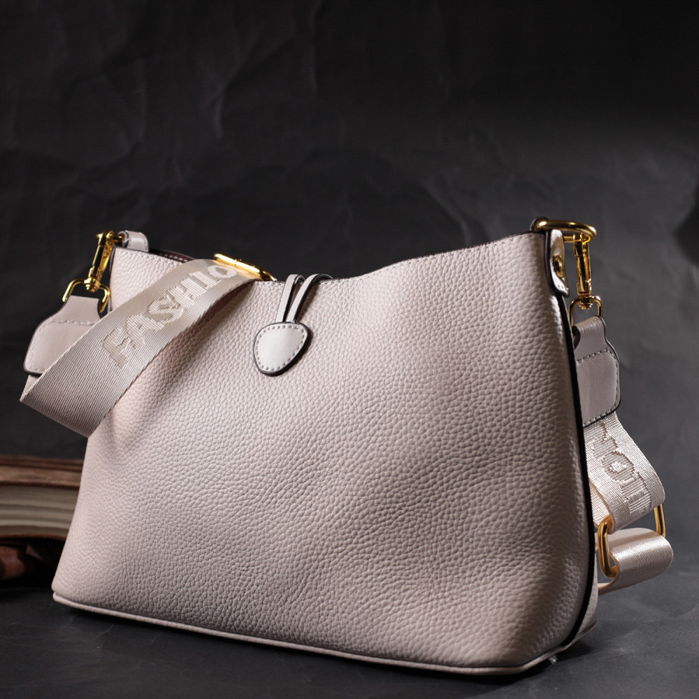 Кожаная женская сумка с оригинальной застежкой пуговкой Vintage 22321 Белая Киев - изображение 9