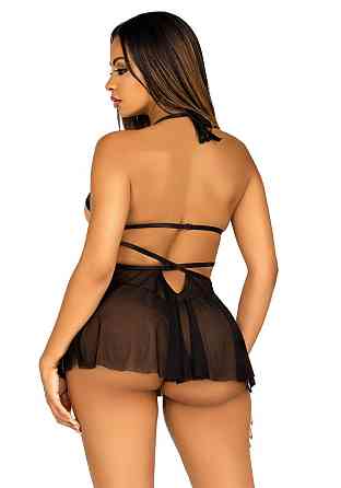 Сорочка беби-долл с открытыми чашками Leg Avenue Lace and mesh babydoll & panty Black L, стринги Sex Aura Киев