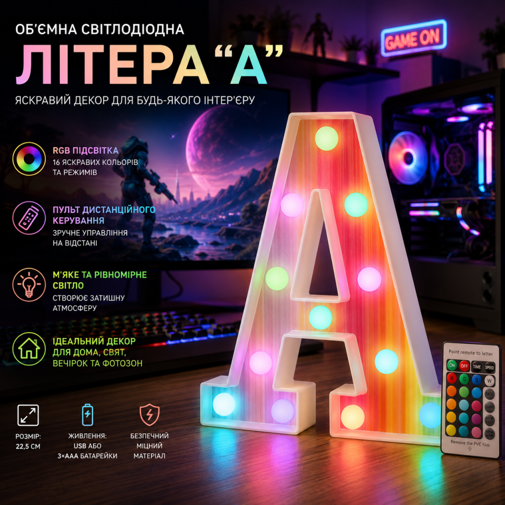 Об'ємна світлодіодна літера "А" з підсвіткою: RGB 16 кольорів, пульт ДК, декор для дому та вечірок (22,5 см) Київ - фото 4