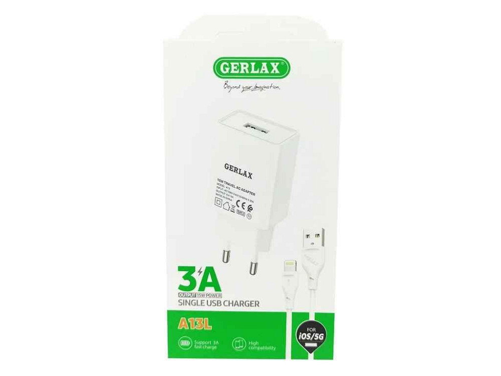 Мережевий зарядний пристрій для iPhone Lightning A13L 3A/1USB/15W/QC3.0 білий 1м ТМ GERLAX Київ - фото 1