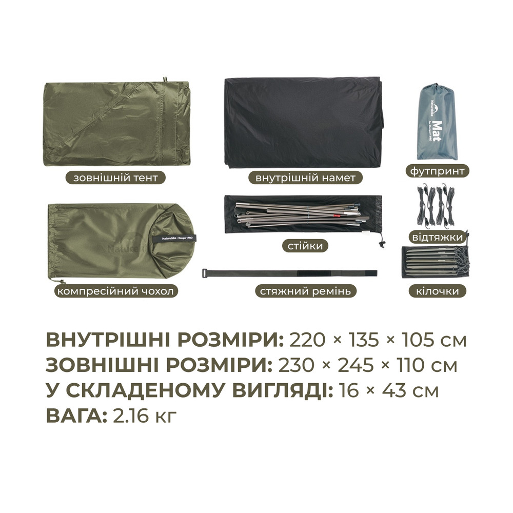 Намет надлегкий двомісний Naturehike Mongar Hiking Tent Pro CNK2550WS037, 20D, зелений Киев - изображение 13
