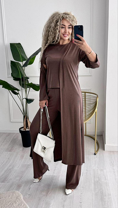 Жіночий базовий прогулянковий костюм-трійка: кардиган футболка та штани трикотажний рубчик Моко, 52/54 Одеса - фото 10