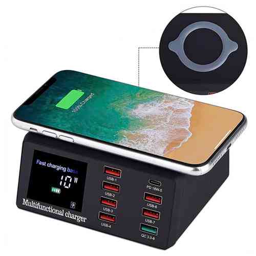 Сетевая зарядная станция 8x USB и беспроводная зарядка, PD QC3.0 LED, WLX-X9 Винница