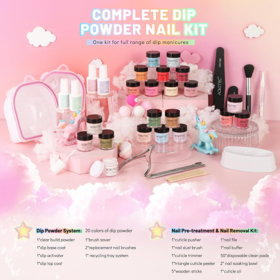 Набор для дип-маникюра Aokitec 92 предмета, Dip Powder System, 20 цветов, база, активатор, топ, масло для кутикулы Киев