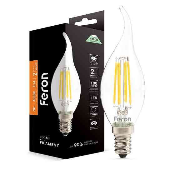 Світлодіодна лампа Feron Filament LB-160 7Вт E14 4000K свічка на вітрі Харків