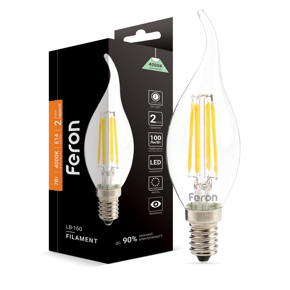 Світлодіодна лампа Feron Filament LB-160 7Вт E14 4000K свічка на вітрі Харків - фото 1