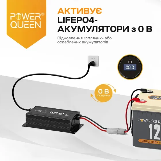 Зарядний пристрій для акумуляторних батарей LiFePO4 14.6V/40A Power Queen P12V40A-BCHA-Y (44-00529) Київ
