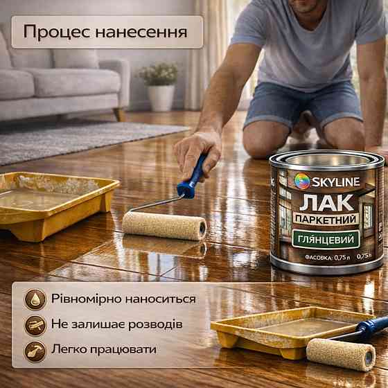 Лак для підлоги глянцевий Skyline паркетний, акрил-поліуретановий, водний, зносостійкий, без запаху, 750 мл Харків