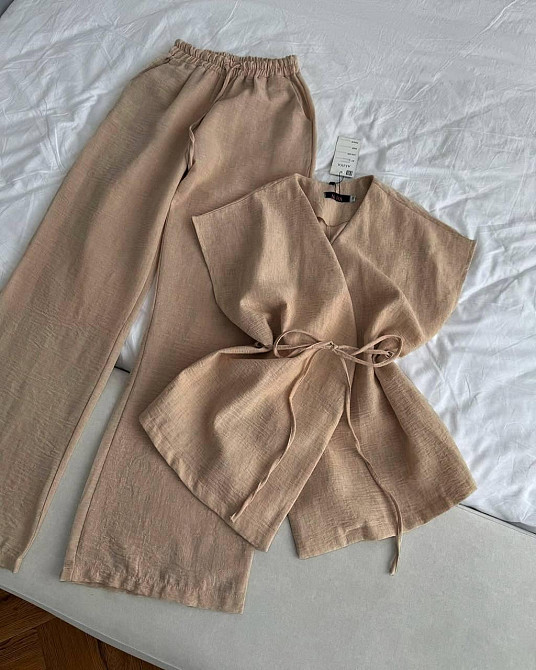 Женский летний брючный костюм двойка: рубашка-кимоно и брючины лен бохо Одесса - изображение 1