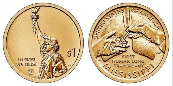 США 1 доллар 2023, Первая пересадка легких человеку, Миссисипи, Американские Инновации Полтава - изображение 1