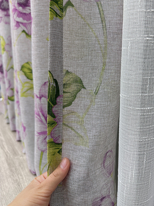 Комплект штор VR-Textil Лен Прованс 200х270 2шт и Тюль 500х270 2079ш-115т Серый с фиолетовым и белым 71-214/6 Киев - изображение 5